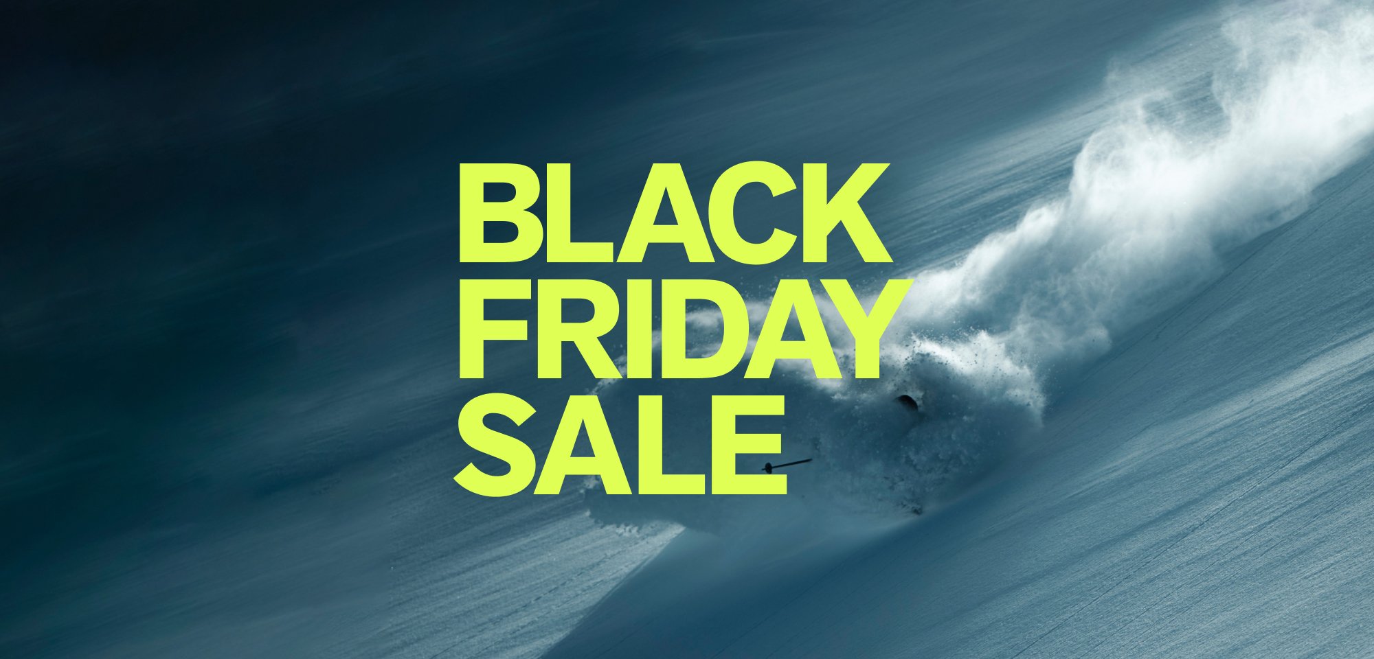 Large "Black Friday Sale" text over a skier in Mammut gear skiing down a snowy mountain slope, with snow spraying behind.